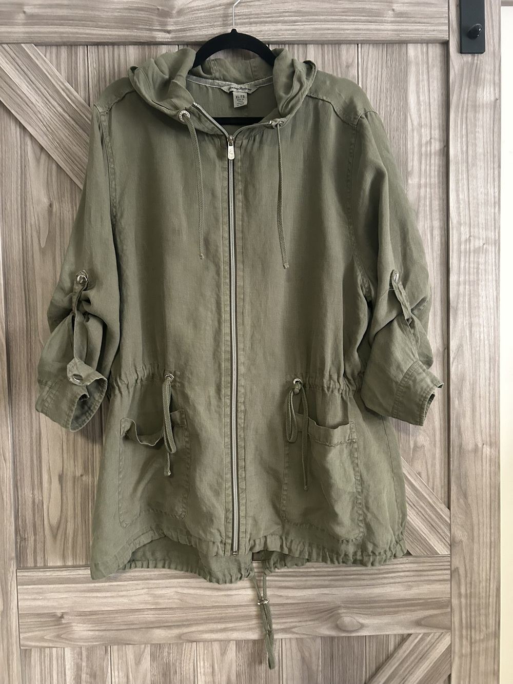 Tommy Bahama XL Olive Green 100% Linen Hooded Anorak Utility Jacket 24x31